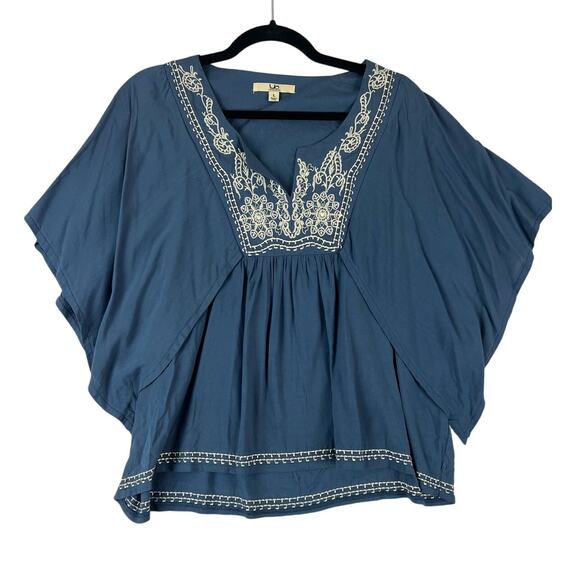 Ya Los Angeles Blue Embroidered Peasant Blouse Sz - Picture 1 of 9
